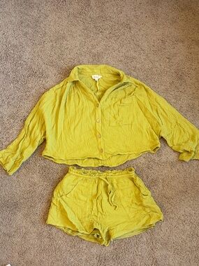 Listicle Two-Piece Set - Button Front Top & Drawstring Shorts